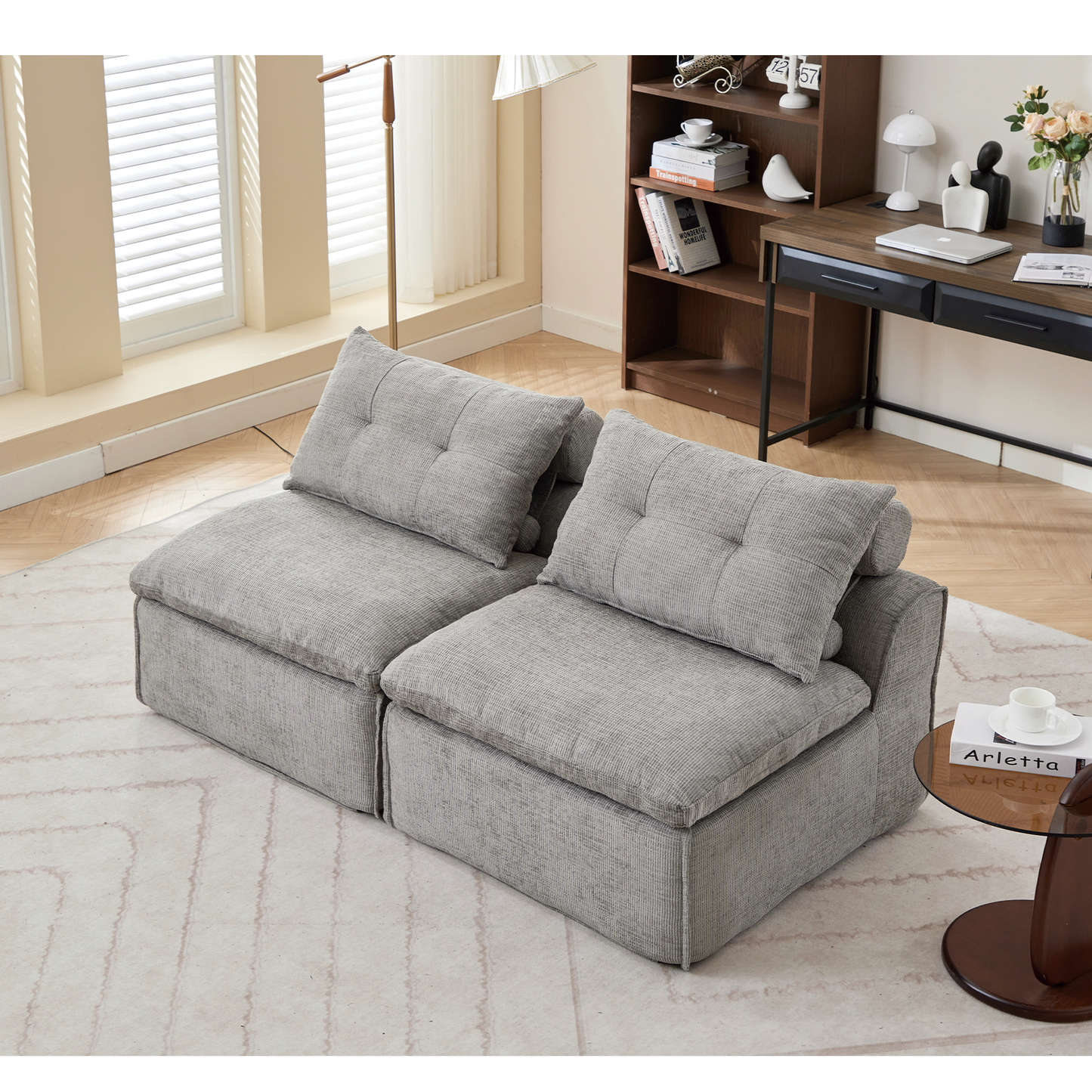 NEW Light Gray 2 Seat Modular No Armrest Chenille Fabric Neck Pillow Back Lounge Sofa Chair