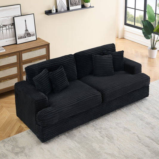 88.58' corduroy 3-seater sofa, spacious and comfortable. Paired with 4 throw pillows in the same color, it adds an elegant touch to a modern living room.Black