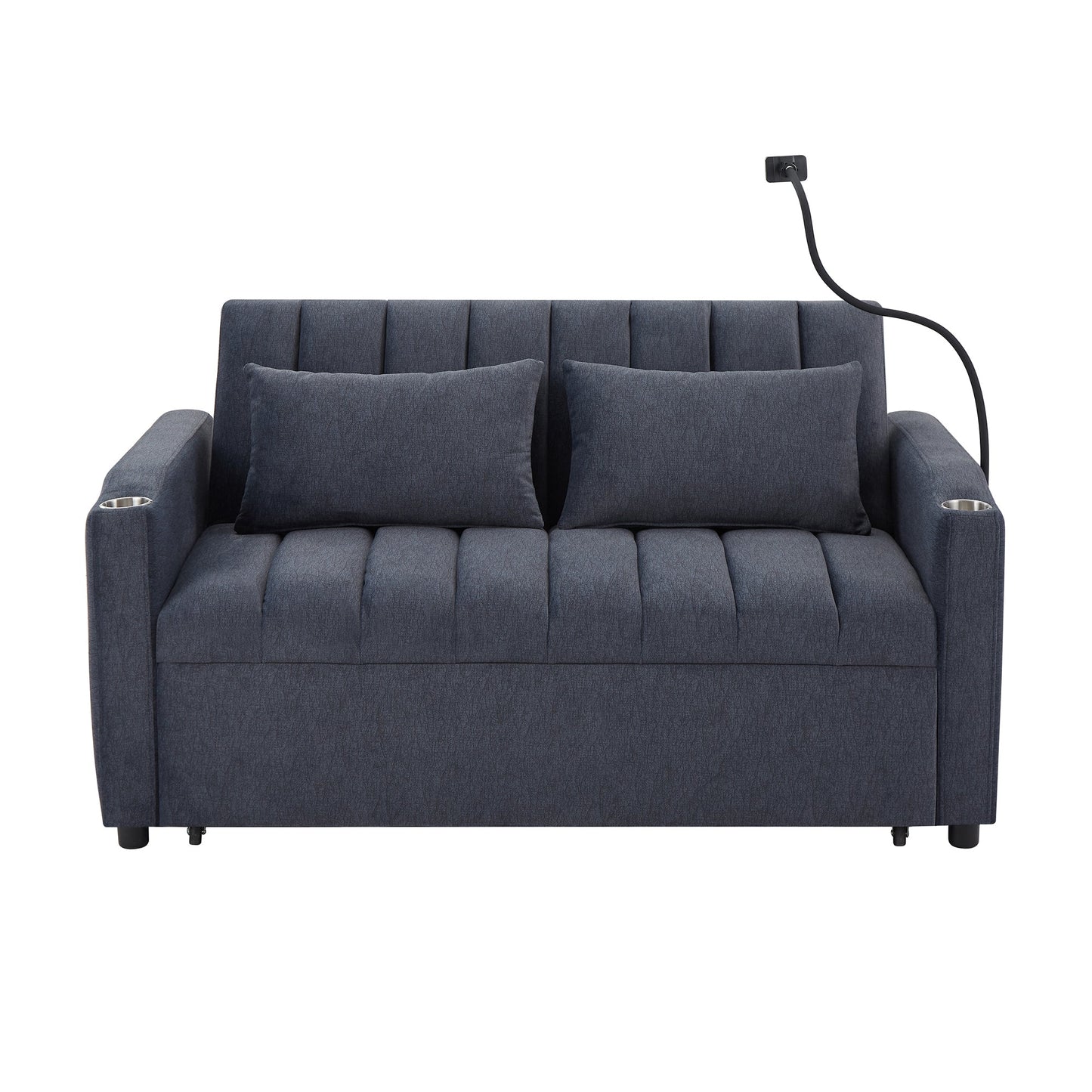 NEW Convertible Sofa Bed Loveseat with USB Ports, Side Pockets, Cup Holders, and Phone Holder in Blue Grey Bella Fabric, 55.9'