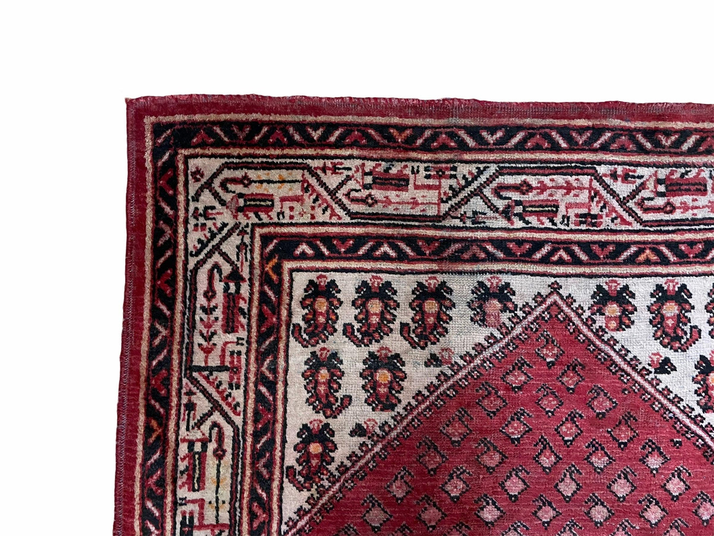 USED 4 X 6.5 Antique Handmade Wool Rug Paisley Boteh Design Tribal Rug Red Ivory