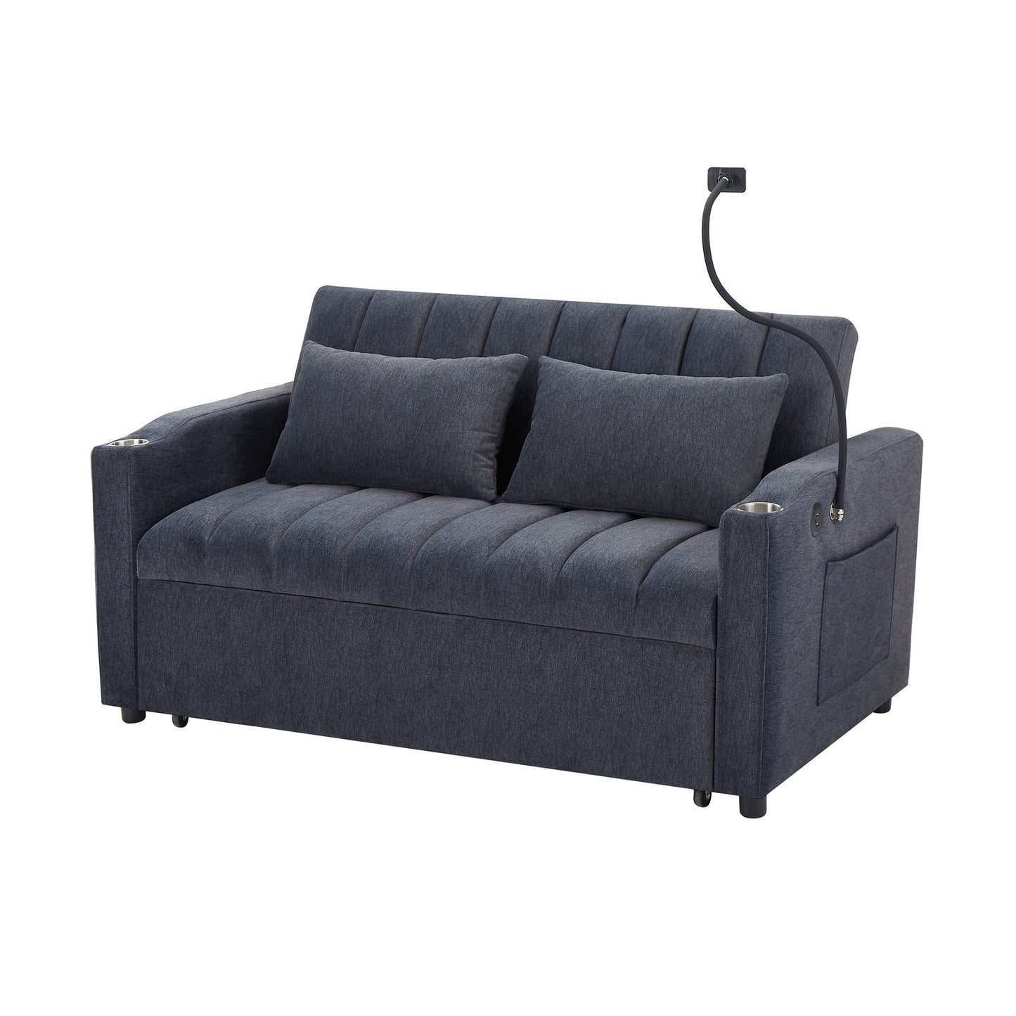 NEW Convertible Sofa Bed Loveseat with USB Ports, Side Pockets, Cup Holders, and Phone Holder in Blue Grey Bella Fabric, 55.9'