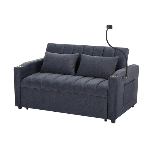 NEW Convertible Sofa Bed Loveseat with USB Ports, Side Pockets, Cup Holders, and Phone Holder in Blue Grey Bella Fabric, 55.9'