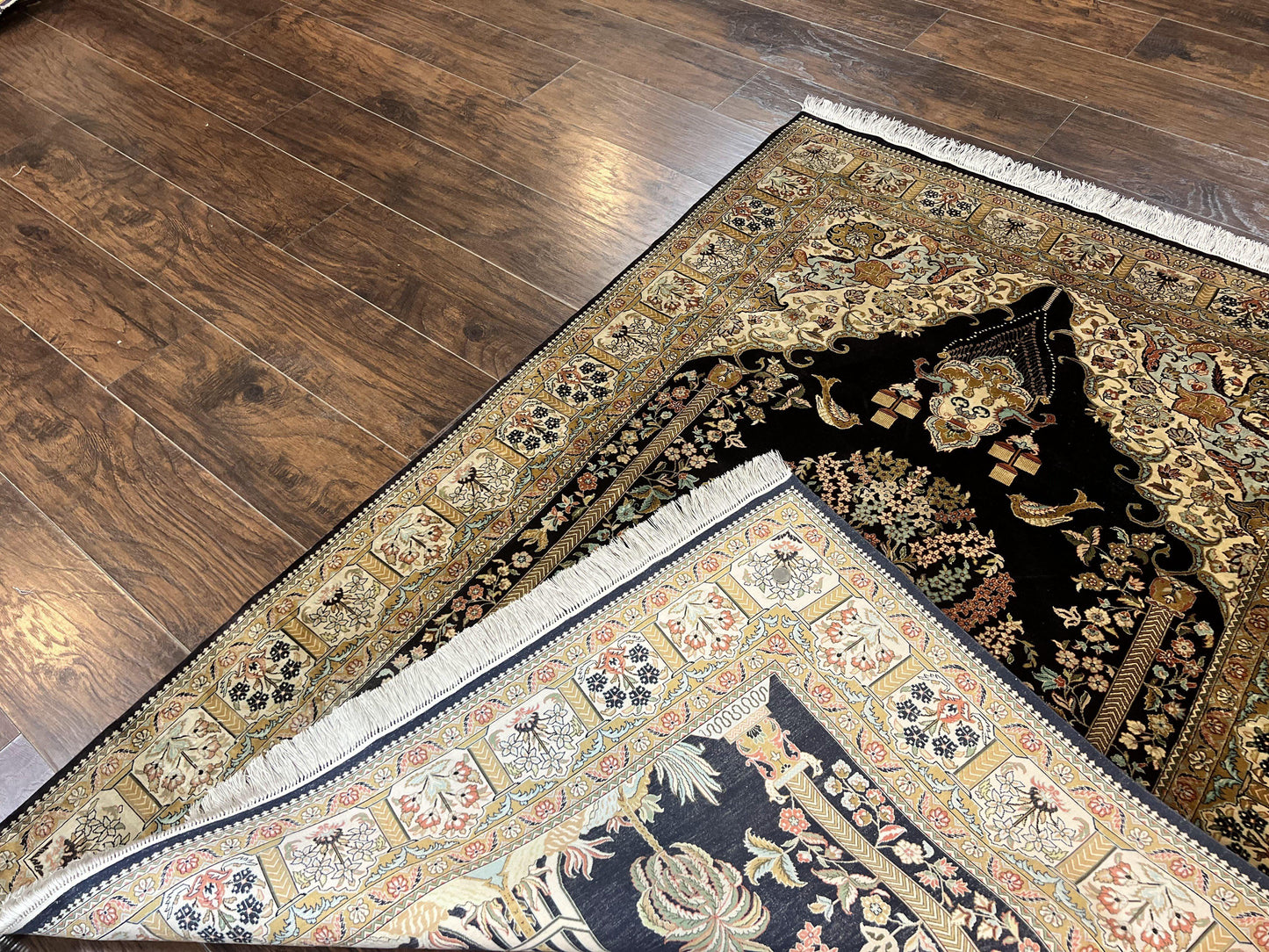 USED Wonderful Sino Persian Silk Rug 4x6, Tree of LIfe Design, Masterpiece 575 KPSI, Birds, Prayer Rug, Black, Silk on Silk