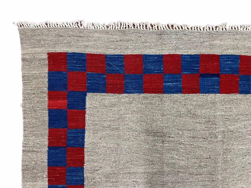NEW 5' 7" x 7' 9" Geometric Kilim Carpet, Gray, Handmade, Hand-Knotted Area Rug, Blue & Red, Flatweave, Wool, New, Checkerboard Pattern