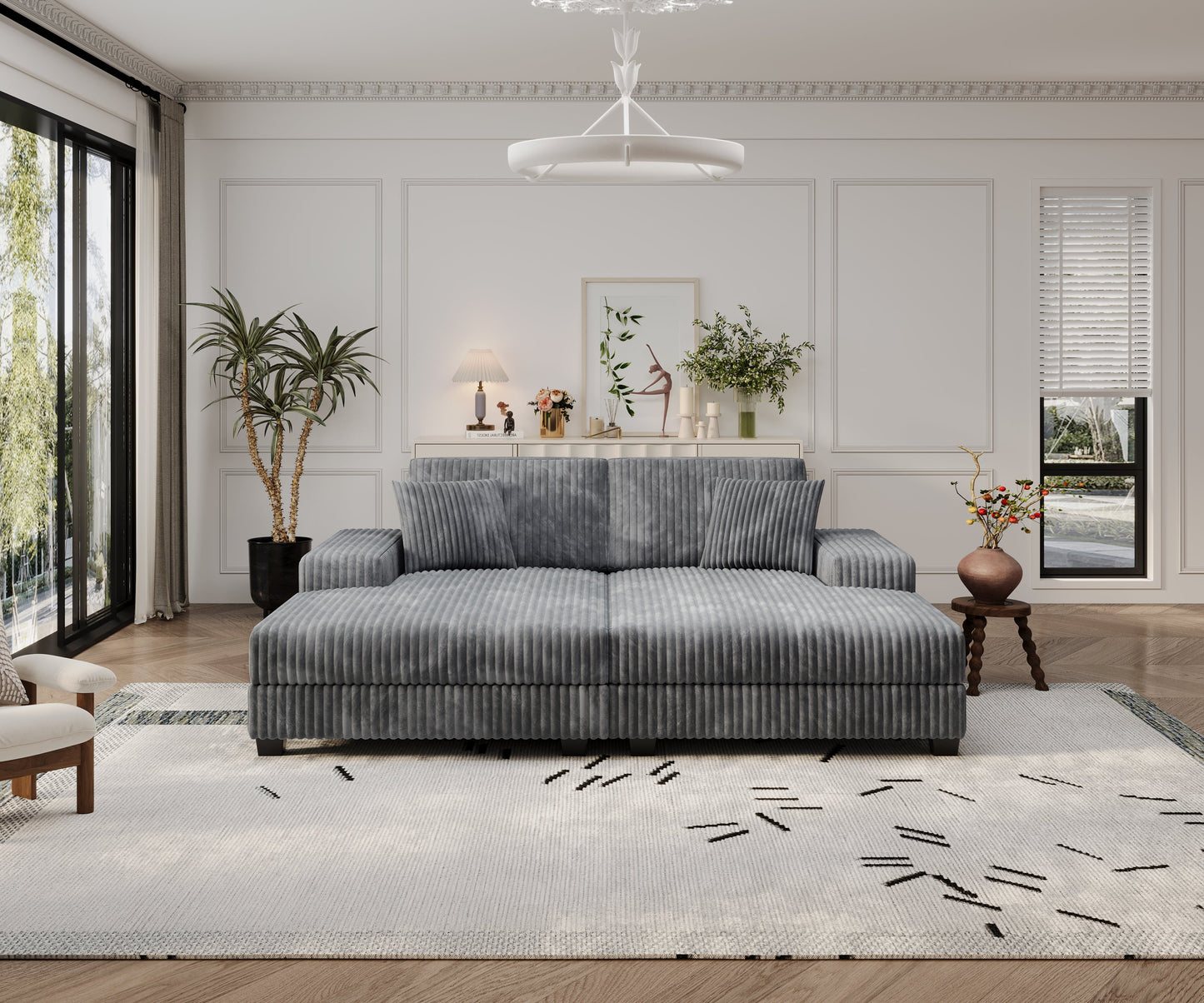NEW Convertible combination sofa, corduroy fabric, fluffy modern sleeper sofa chair, oversized combination living room double lounge chair,Dark Grey