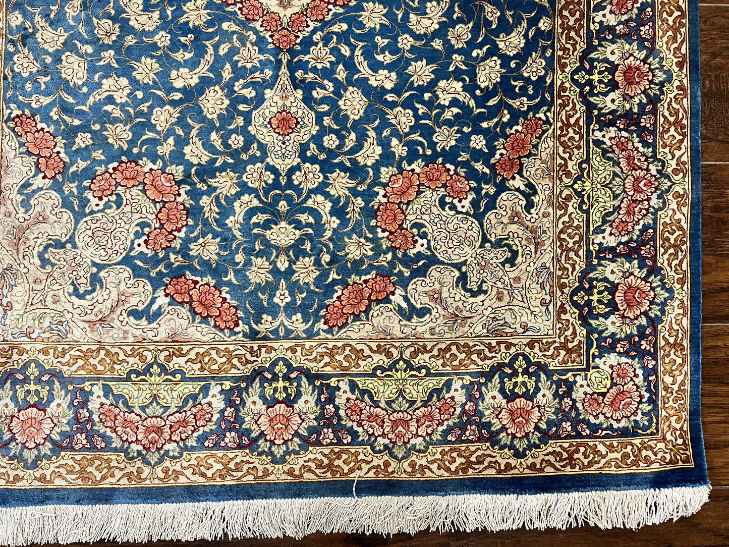 USED Magnificent Persian Qum Silk Rug 3x5, Blue, Super Fine 675 KPSI - 70 Raj, Floral Roses, Handmade Vintage Silk Carpet, Masterpiece