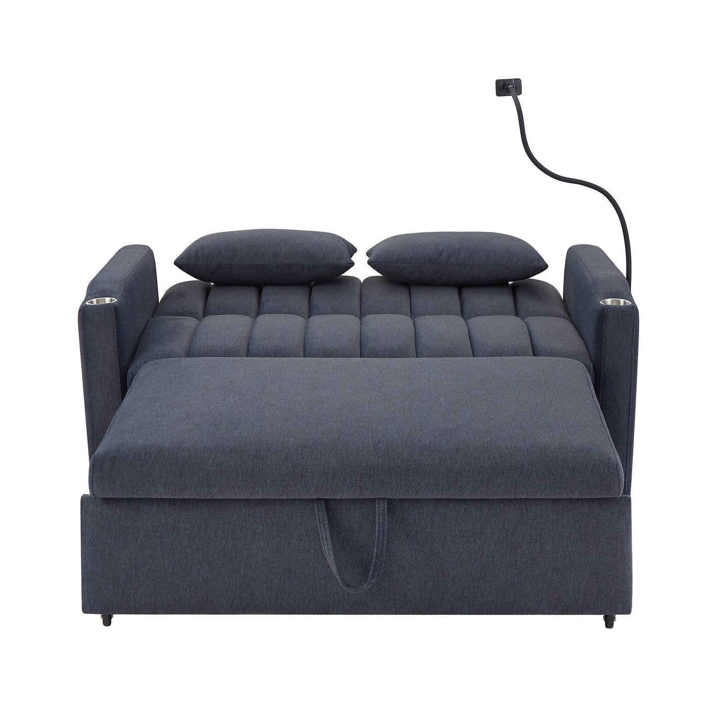 NEW Convertible Sofa Bed Loveseat with USB Ports, Side Pockets, Cup Holders, and Phone Holder in Blue Grey Bella Fabric, 55.9'