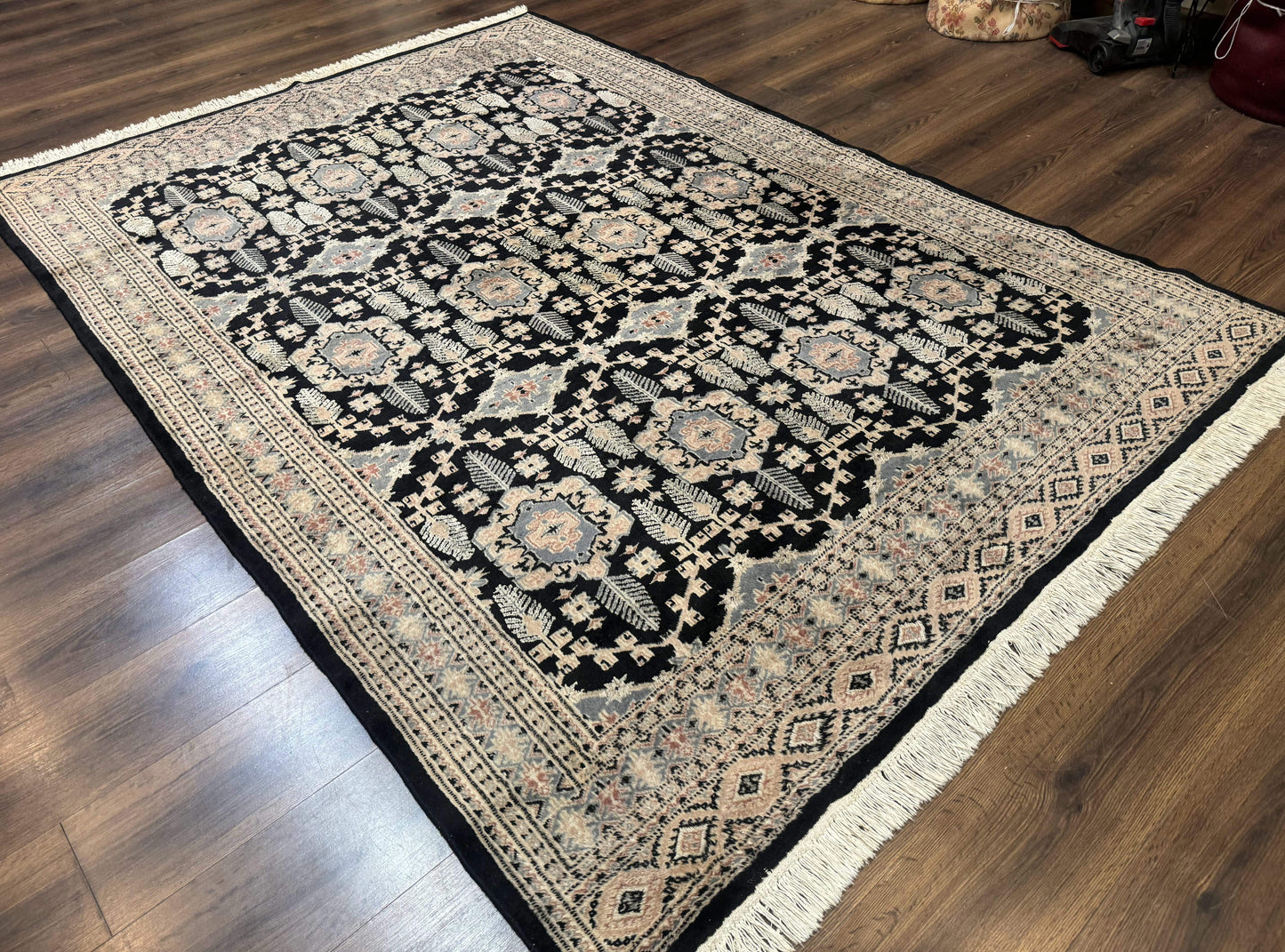 USED Turkoman Bokhara Rug 6x9, Pakistani Carpet, Black, Hand Knotted