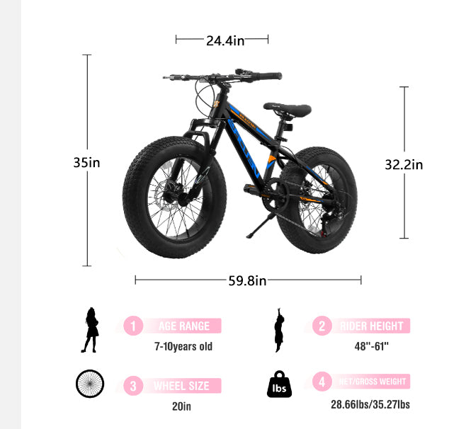 NEW V20235 20 Inch Fat Tire Bike Adult 7 Speed Mountain Bike, Dual Disc Brakes, High Carbon Steel Frame, Front Suspension, Mountain Buggy, City Commuter City Bike, Fat Tire Bike