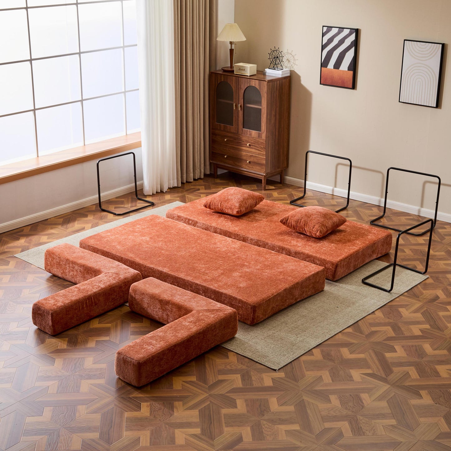 NEW Orange Chenille Fabric Comfy Futon Couch Lounge Sleeper Compression Convertible Floor Sofa Bed Couch with Pillow Back Support Armrest Bed