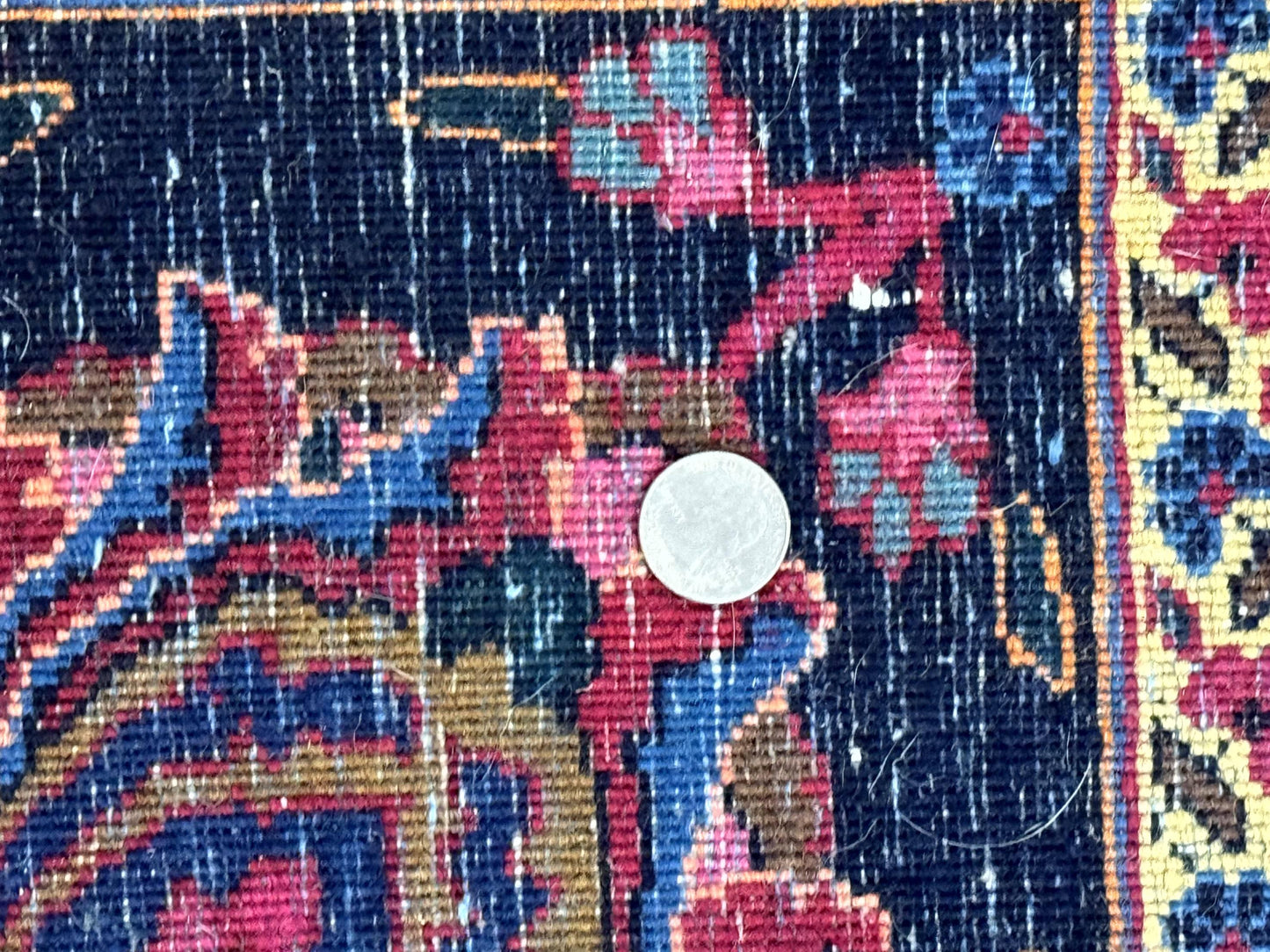 USED Palace Size Persian Mashad Rug 12x16, Raspberry and Navy Blue, Signature from Master Weaver, Antique Handmade Large Wool Carpet