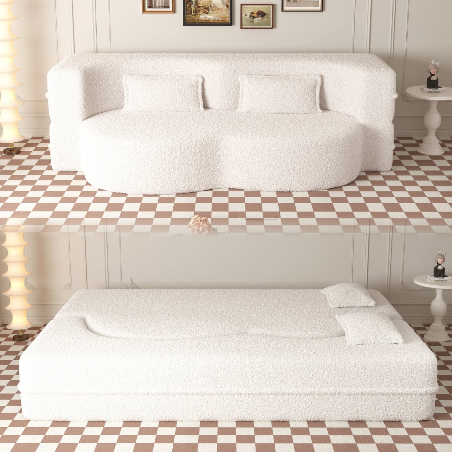 NEW Modern Floor Sofa with 2 Pillows,Convertible Teddy Fabric Foam Filled Sleeper Sofa Bed,15 ' Full Size Folding Mattress for Living Room,Guest Bed,Playroom,no assembly required,Beige