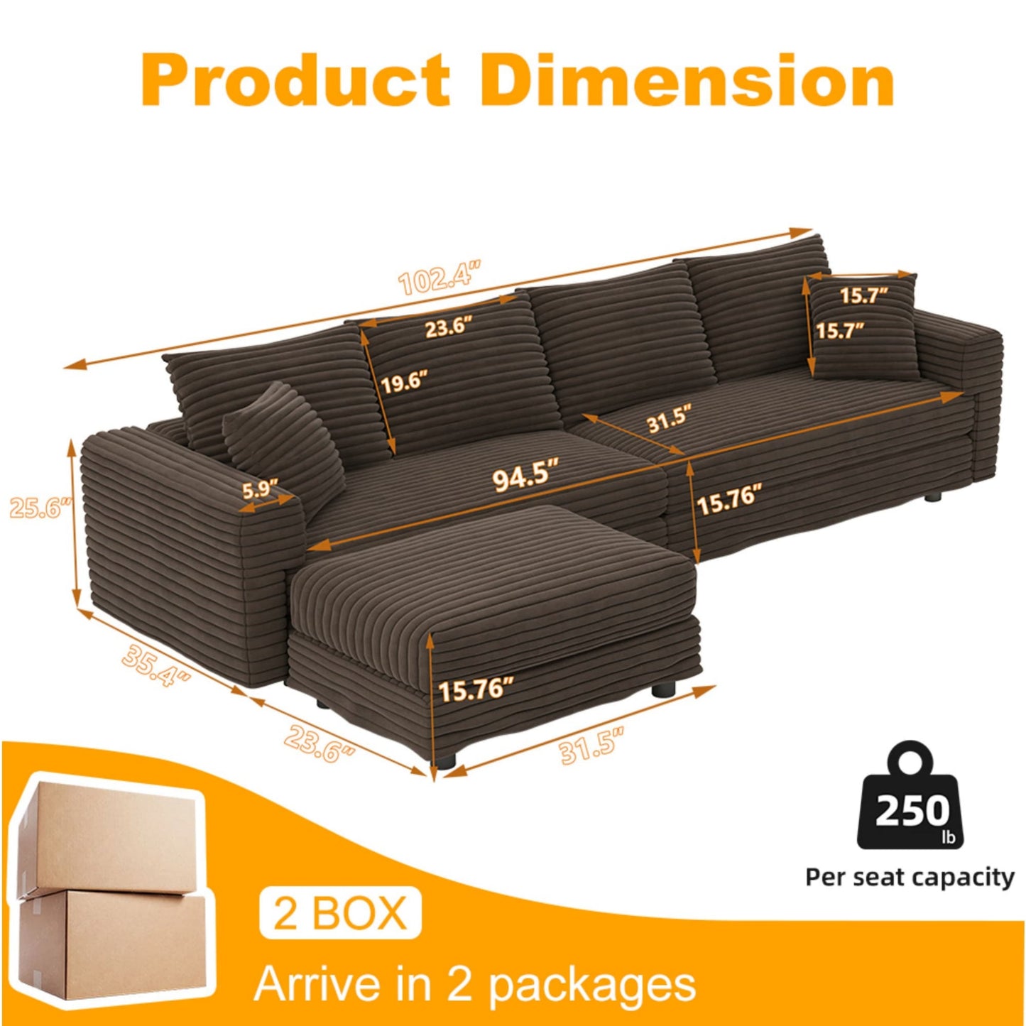 NEW 102.4' Modern Comfy Plush Upholstered Camel Corduroy 4-Seat Convertible Sofa Lounge Chair Comfy Upholstered Sofa Deep Seat Couch with Soft Pillows and Movable Ottoman