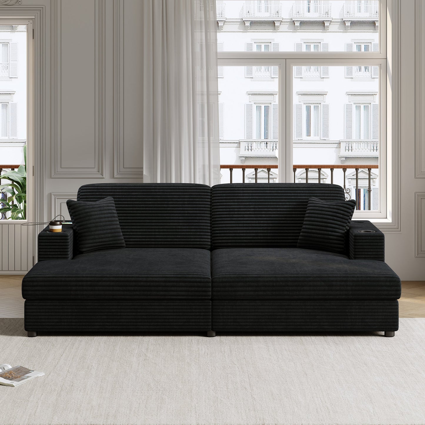 NEW Black Corduroy Oversized Loveseat Chaise Lounge Sectional Sofa Bed with USB Ports Cup Holders and Pillows