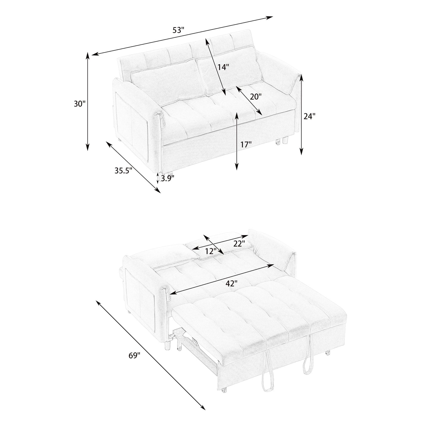 NEW 52 'grey modern velvet sofa, sofa pullout bed, small love seat casual sofa with back, pillow, pockets, living room furniture, 3 in 1 convertible sleep sofa bed.