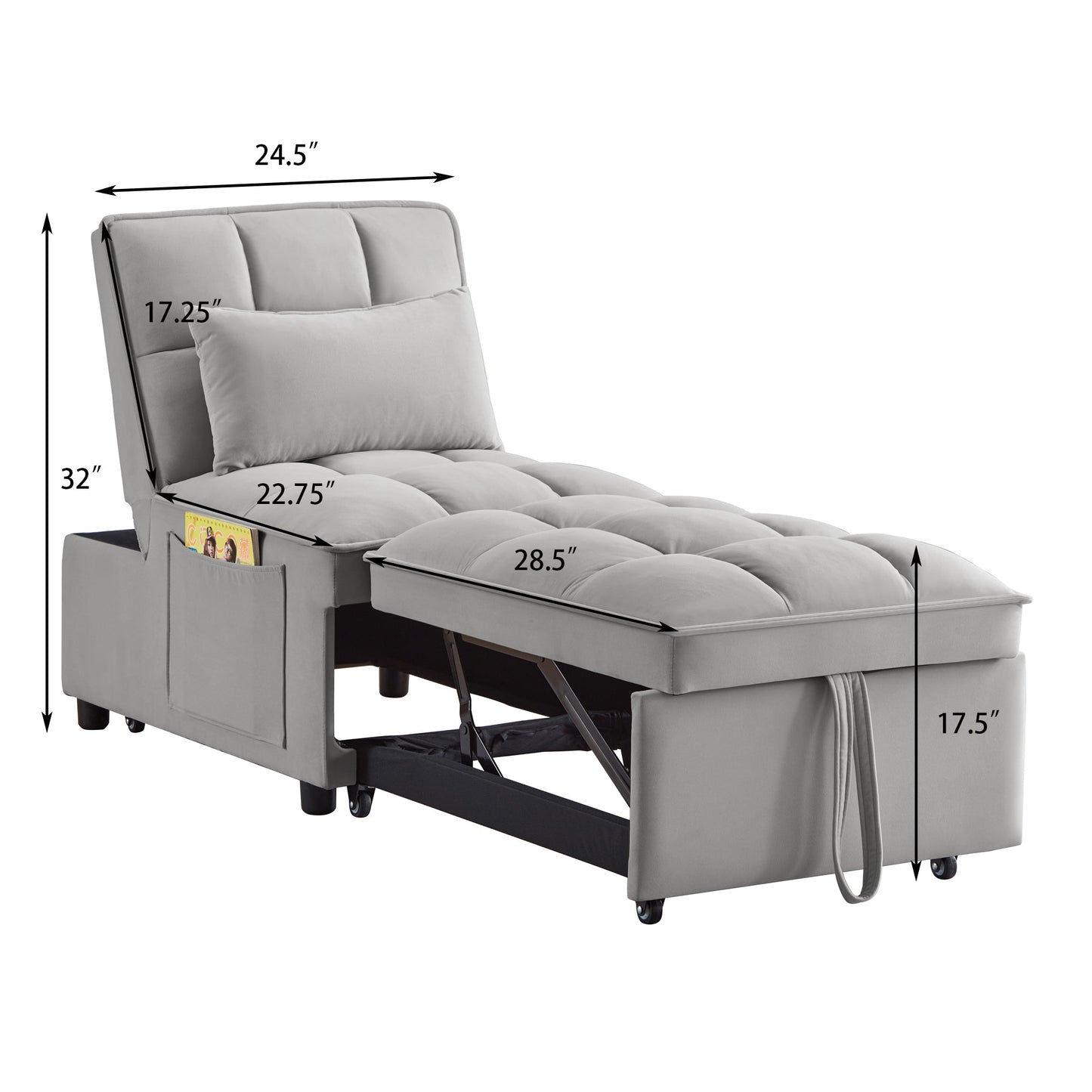 NEW 4 in 1 Multi-Function Grey Tufted Single Convertible Chaise Lounge Pull-Out Sofa Bed with Storage Pockets with Adjustable Backrest and Pillows