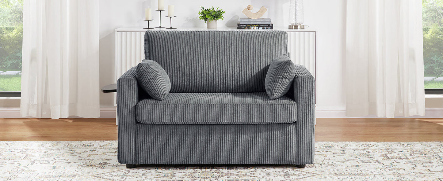 NEW Twin Size 47.2' Gray Corduroy Sleeper Loveseat Sofa Bed with Foldable Mattress USB Ports Side Table & Storage Pocket