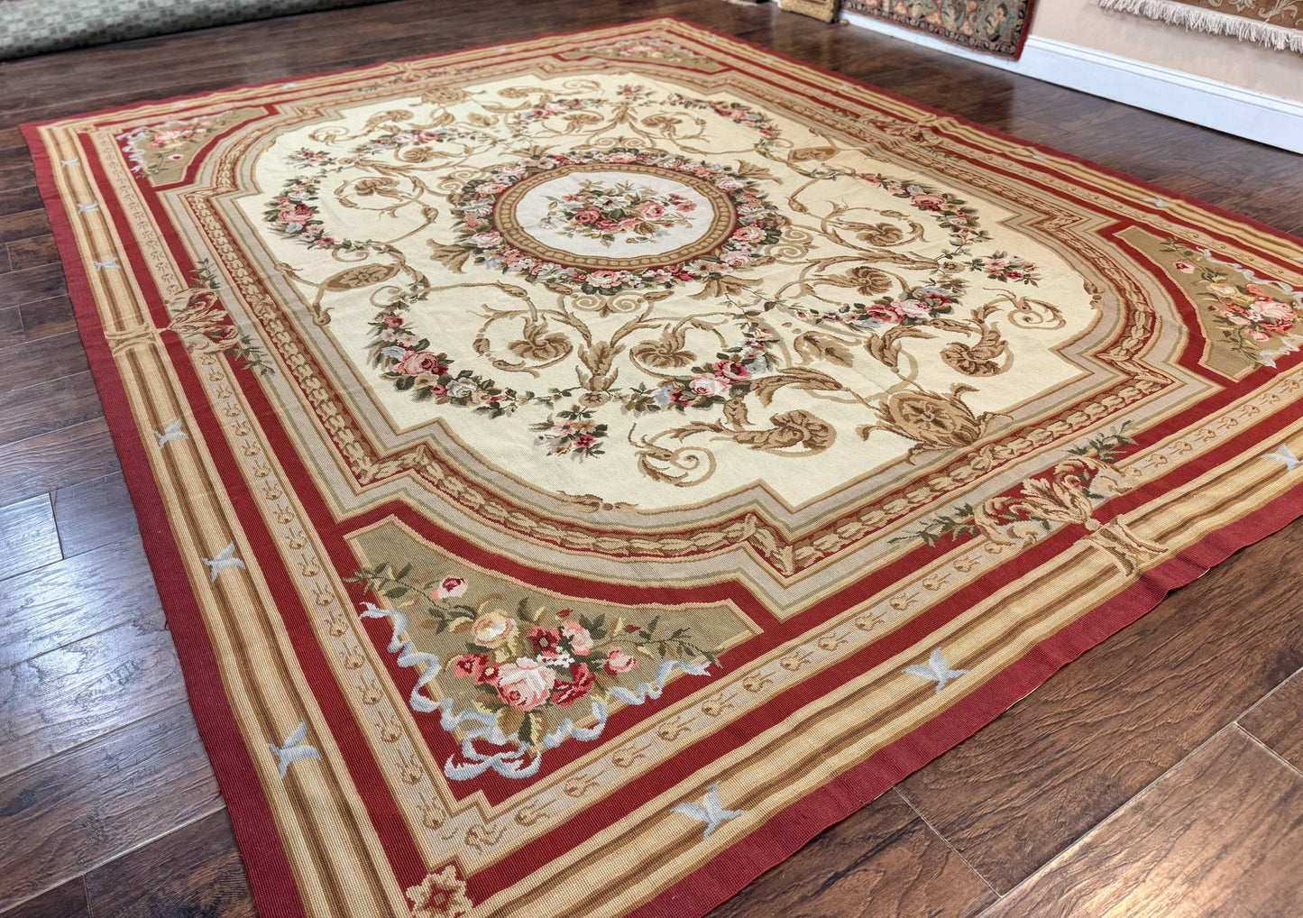 USED Aubusson Needlepoint Rug 9x11, Handmade Vintage Wool Flatweave Carpet, Elegant European Rug, Floral, Cream