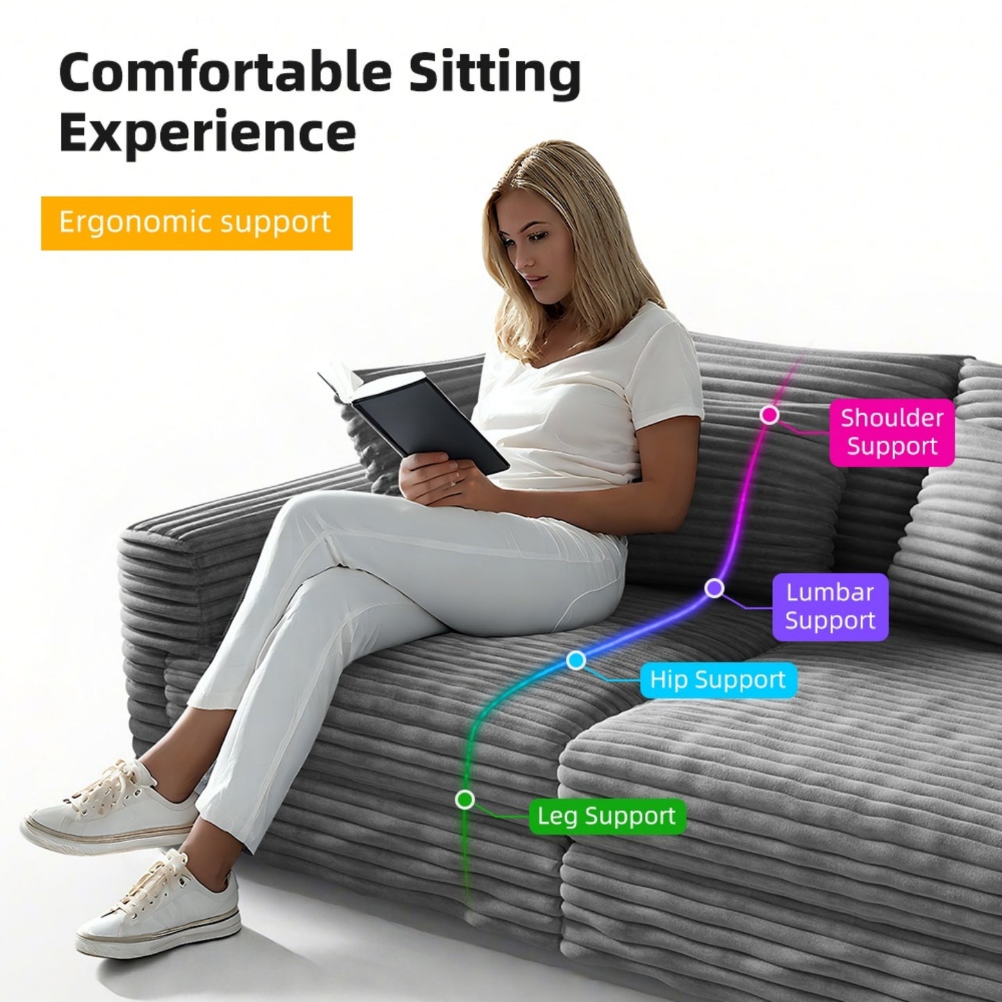 NEW 102.4' Grey Corduroy 4-Seat Comfy Upholstered Modern Plush Sofa