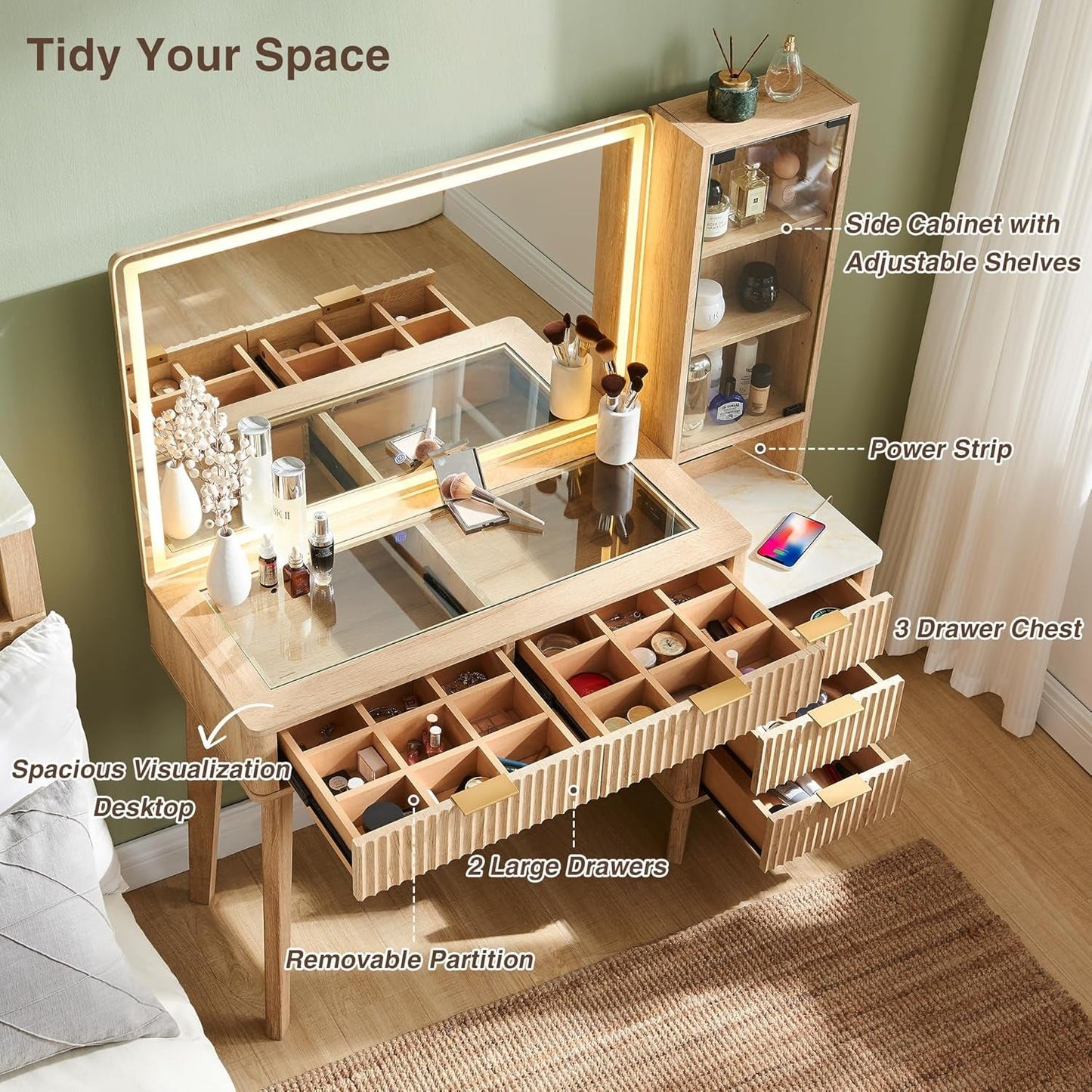 NEW Oak Fluted Makeup Vanity 48 Inch With Lighted Mirror