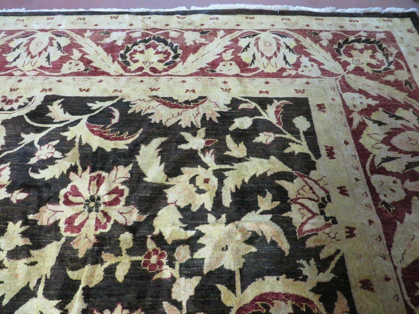 USED 11' X 15' Vintage Hand Knotted Indian Agra Wool Rug Hand Made Dark Brown Floral