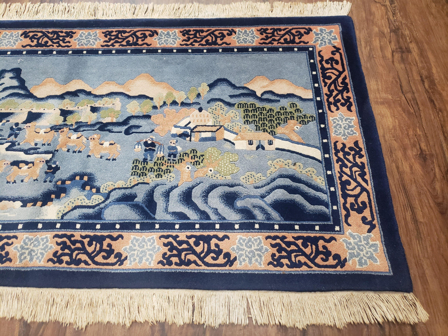 USED Vintage Chinese Pictorial Rug 2'4" x 4' 7", Chinese Village, Wool Hand-Knotted Blue & Teal Fine Carpet, Tapestry Rug, Woven Wall Art