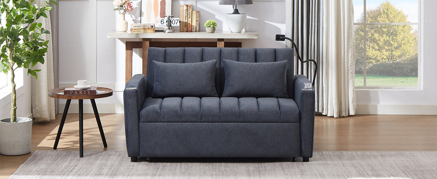 NEW Convertible Sofa Bed Loveseat with USB Ports, Side Pockets, Cup Holders, and Phone Holder in Blue Grey Bella Fabric, 55.9'