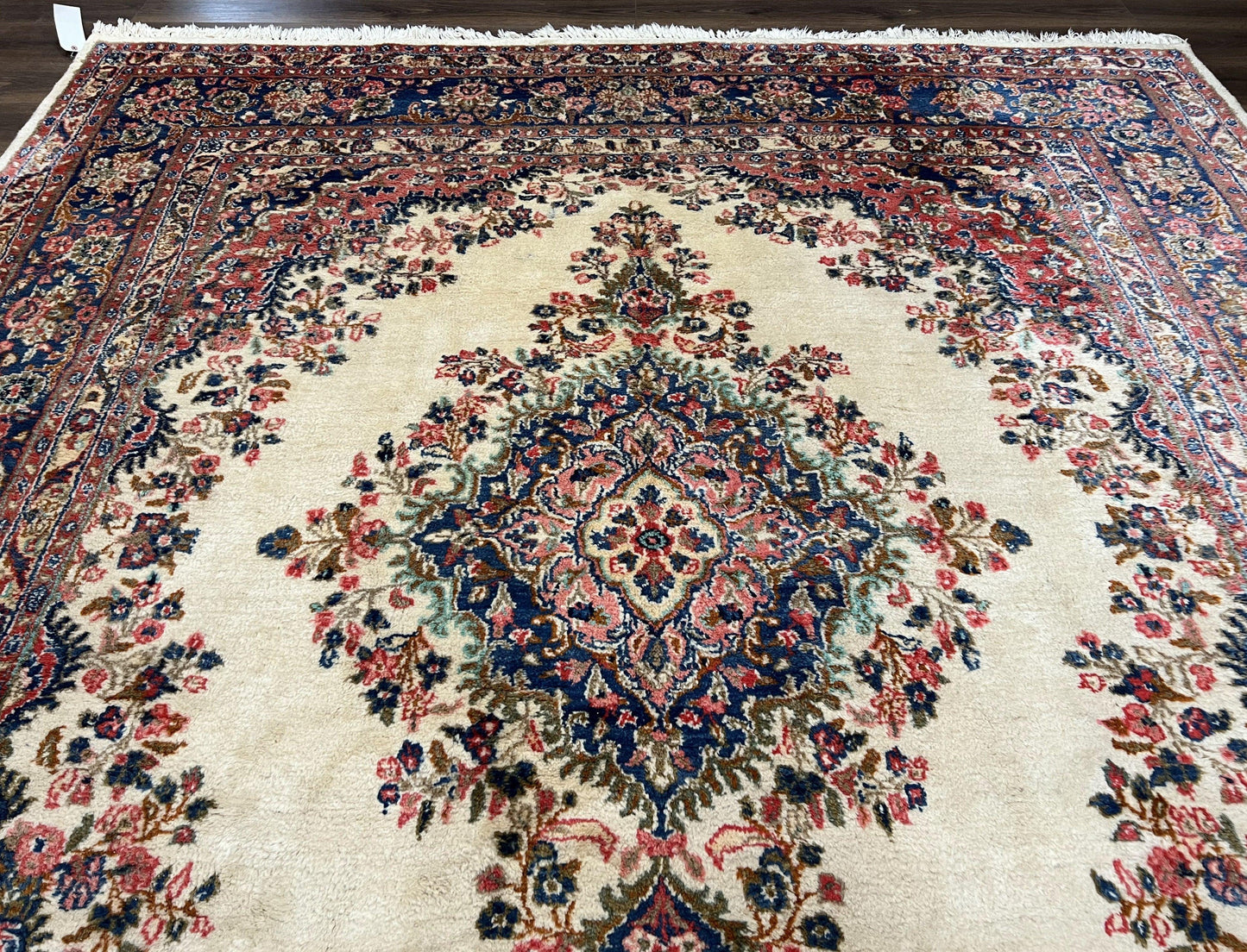 USED Persian Rug 9x10, Hamadan Rug, Antique Oriental Carpet, Wool Rug, Semi Open Field, Cream and Navy Blue, Kirman Design Hand Knotted Almost Square Rug