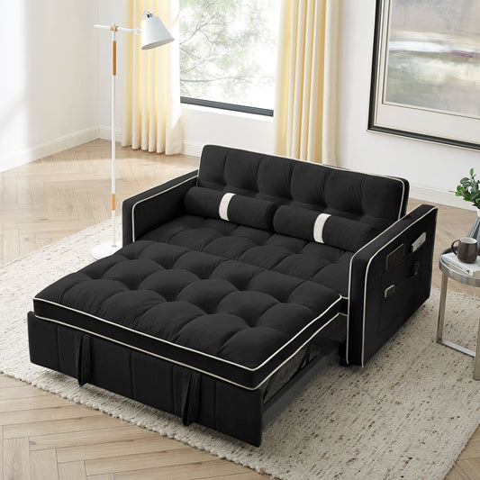 NEW Modern 55.5' Pull Out Sleep Sofa Bed 2 Seater Loveseat Sofa Couch with Side Pockets Adjustable Backrest and Lumbar Pillows