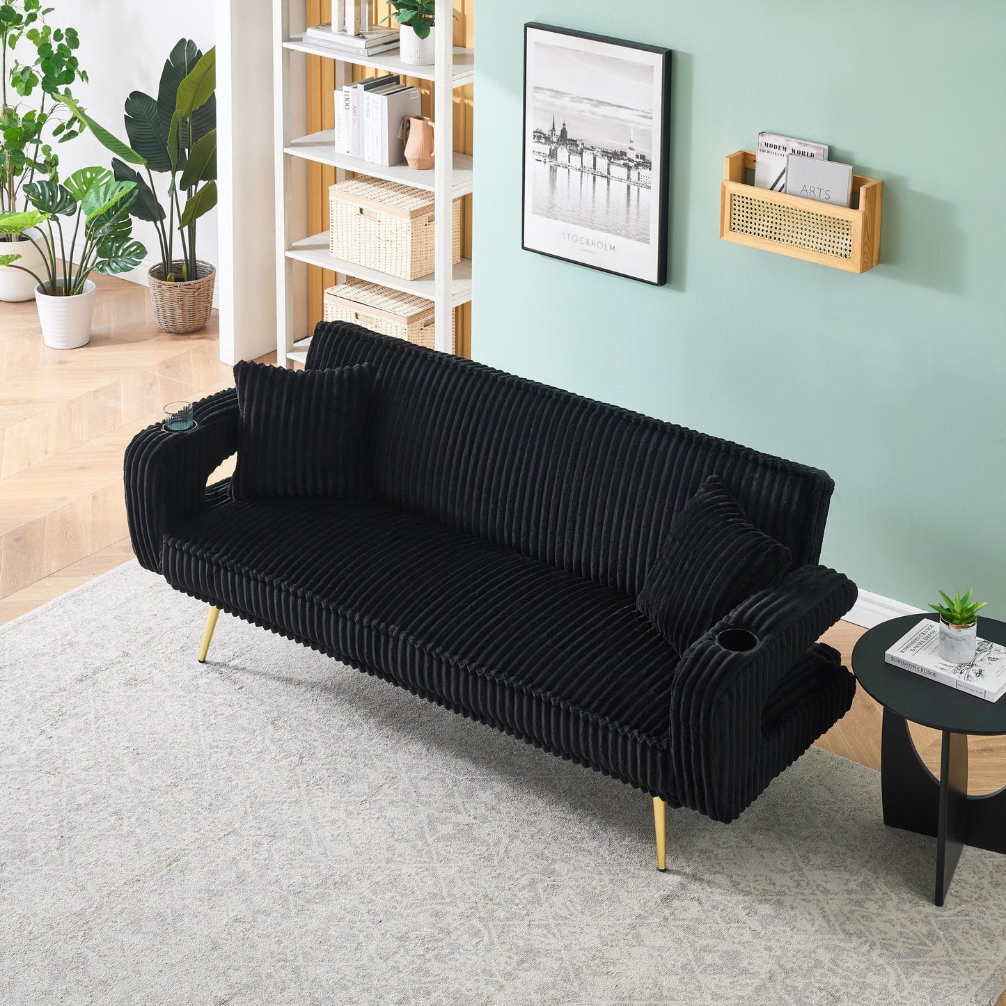 NEW 74.01 inch Straight Black Corduroy Sofa Bed Couch with Pillows