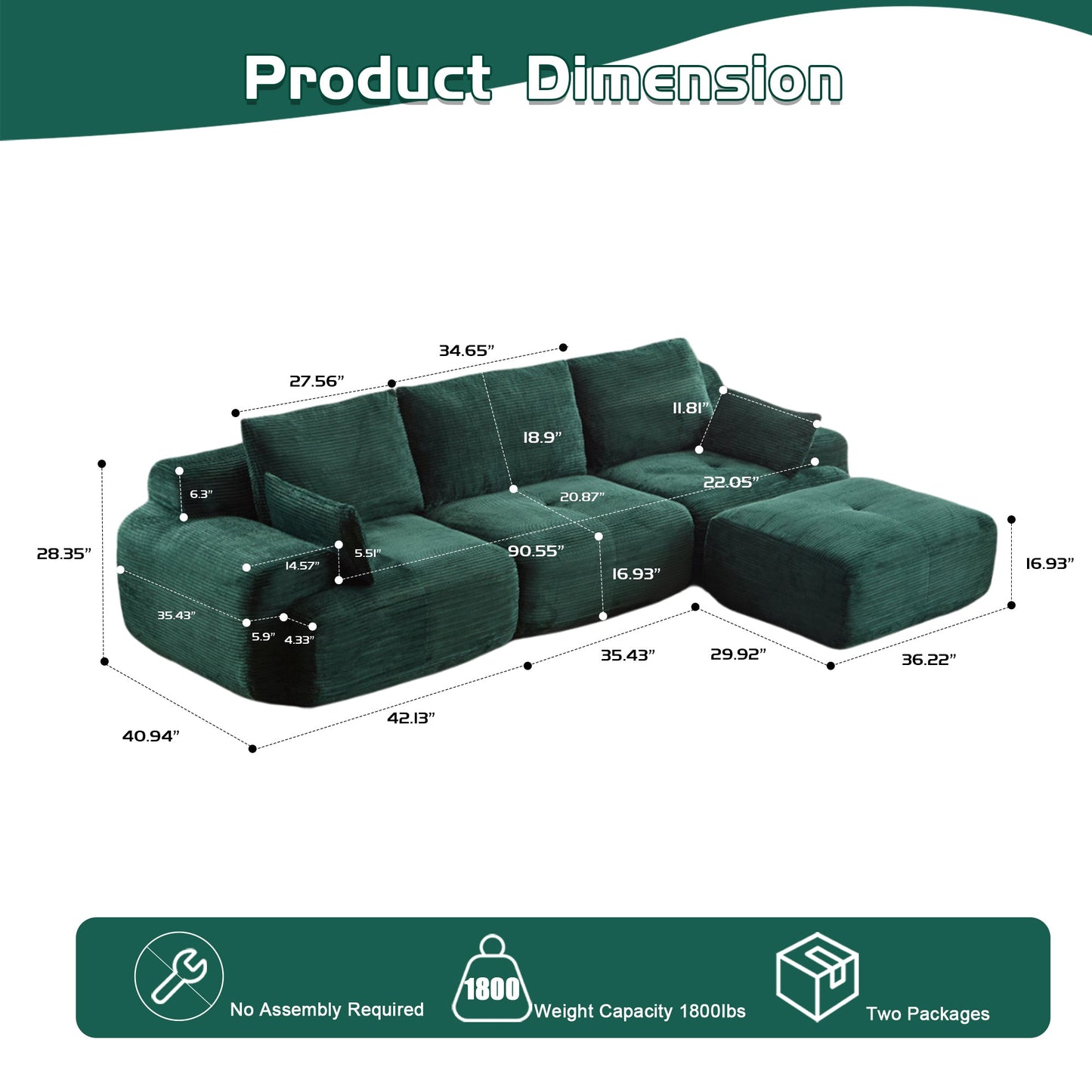 NEW Modern Memory Foam Compressed Sofa,Large Sectional Couches for Living Room,Pet-Friendly Cloud Modular Sectional Sofa,Corduroy Fabric,Extra Deep Loveseat,No assembly required,Green