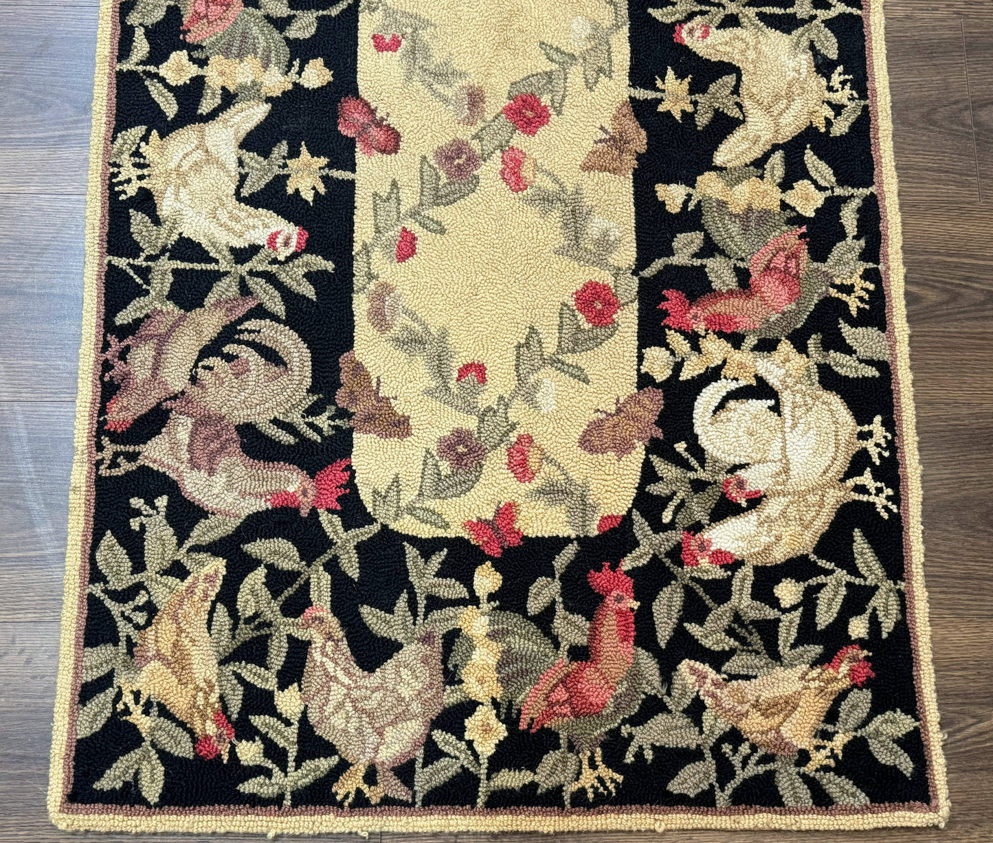 USED Small Vintage Hooked Rug, Roosters, Handmade, Wool