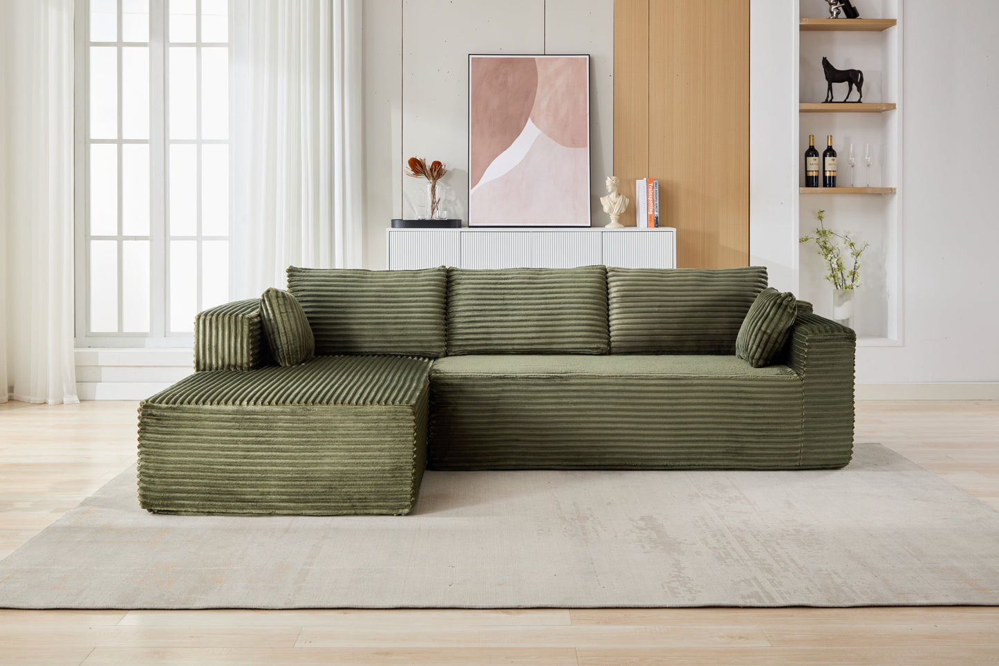 NEW Compression Sectional Couch with Comfy Chaise, Boneless L Shape Sofa with Deep Seat, Minimalist Modular Couches Sleeper for Living Room Bedroom Apartment Lounge,corduroy,Green