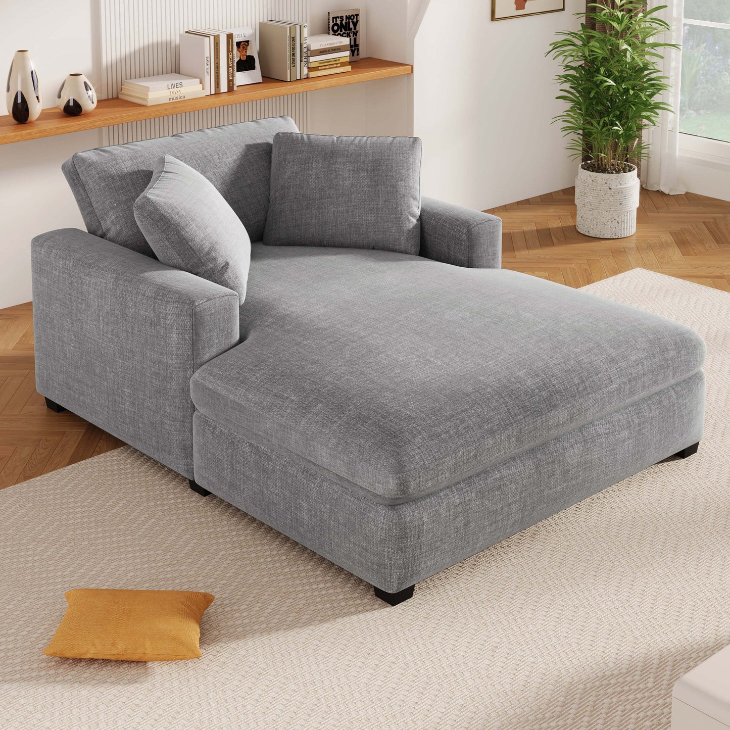 NEW Oversized Chaise Lounge Chair with Solid Wood Legs and Soft Upholstery, Gray