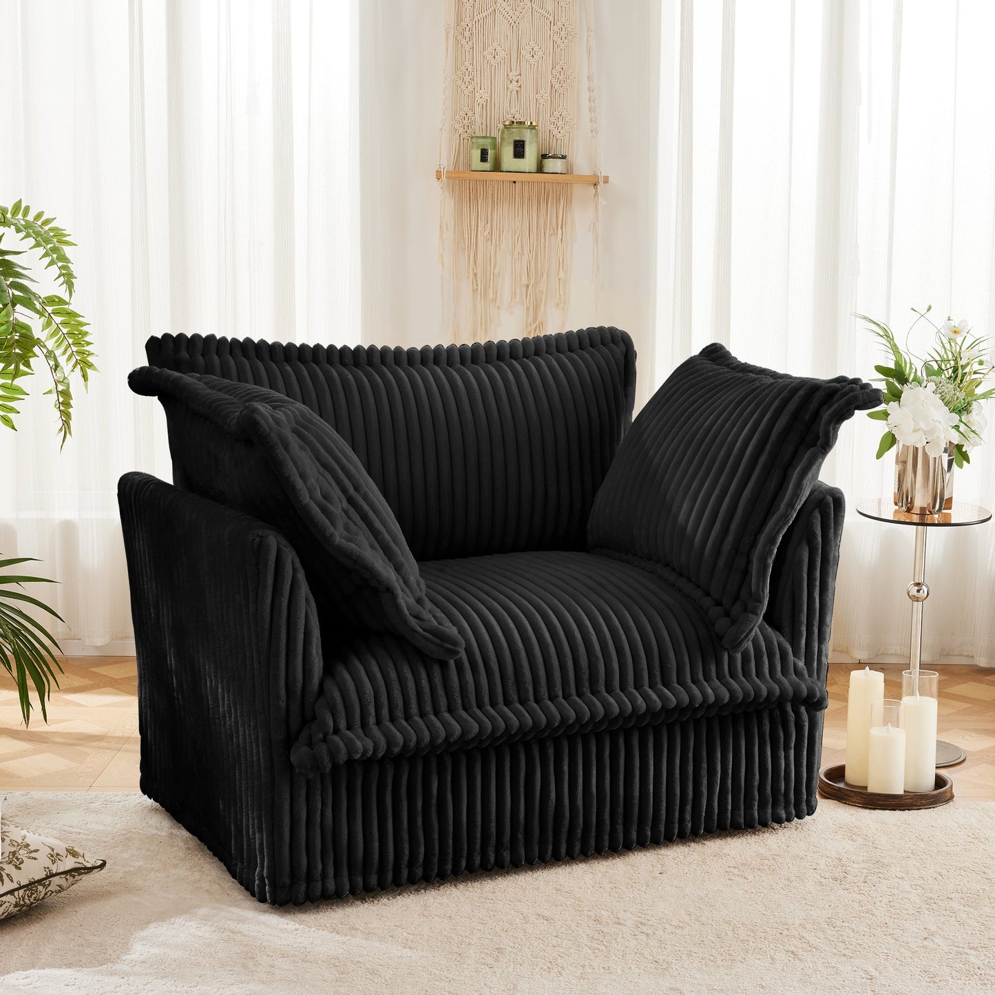 NEW Slip-covered Armchair with 1 Big Back Cushion and 2 Big Toss Pillows, Single Deep Seat Comfy Single Couch Sofa Multiple Large Soft Pillows, Black Corduroy Fabric