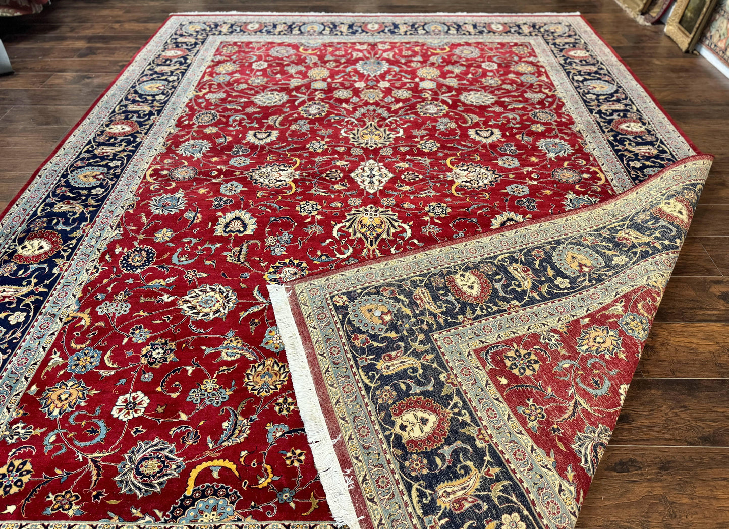 USED Pak Persian Rug 9x12, Red and Navy Blue, Floral Allover, Hand Knotted Vintage Wool Carpet, Fine 260 KPSI