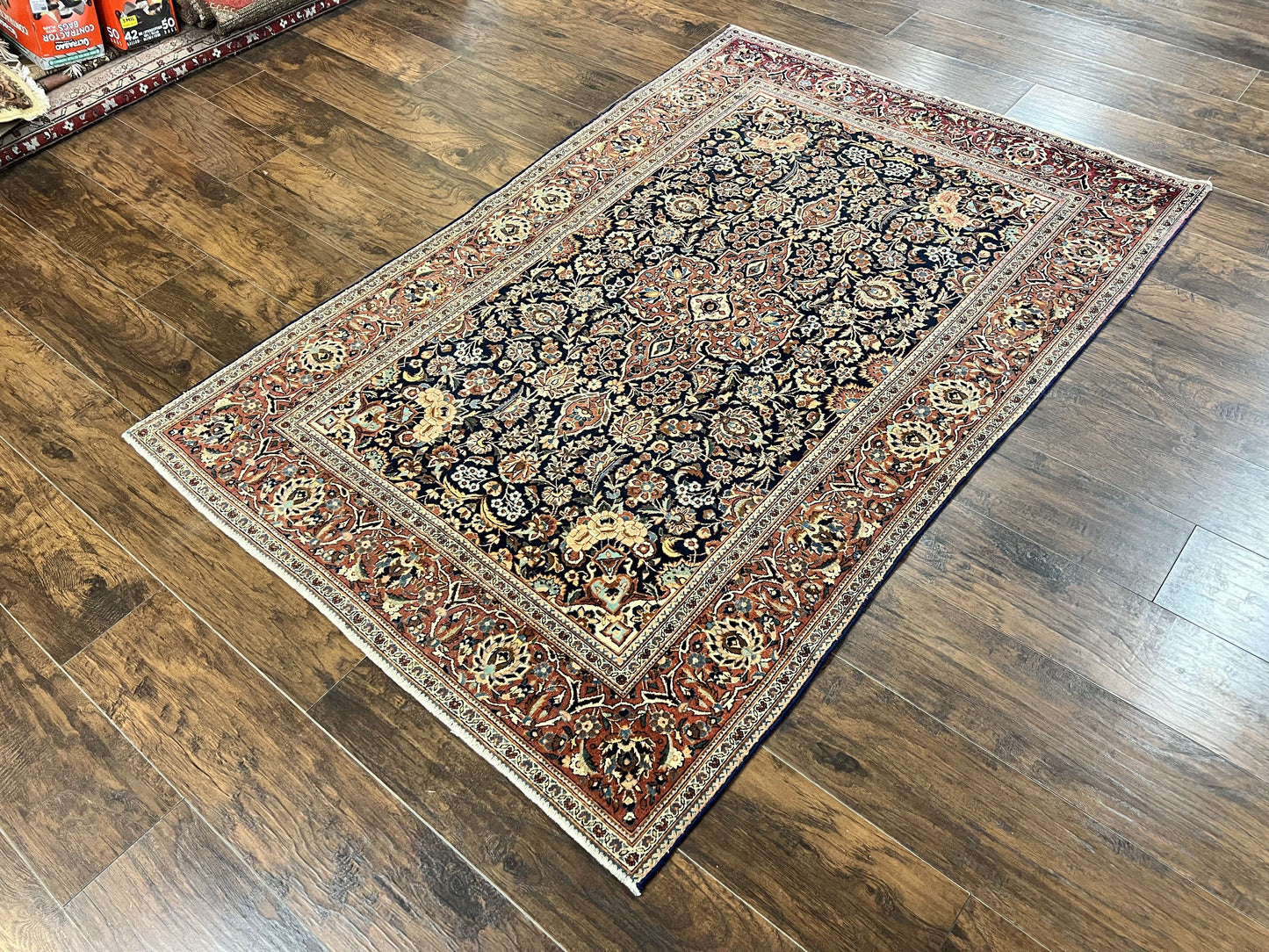 USED Persian Kashan Rug 4x7, Floral Medallion Vintage Handmade Hand Knotted Navy Blue & Red Wool Oriental Carpet, Highly Detailed Semi Antique Rug