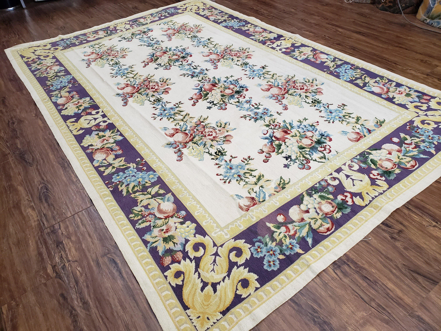 USED Vintage Chinese Floral Needlepoint Area Rug 6x9, Wool Hand-Woven Handmade Flatweave Rug, Ivory & Purple, Fruits Grapes Apples, Dining Room