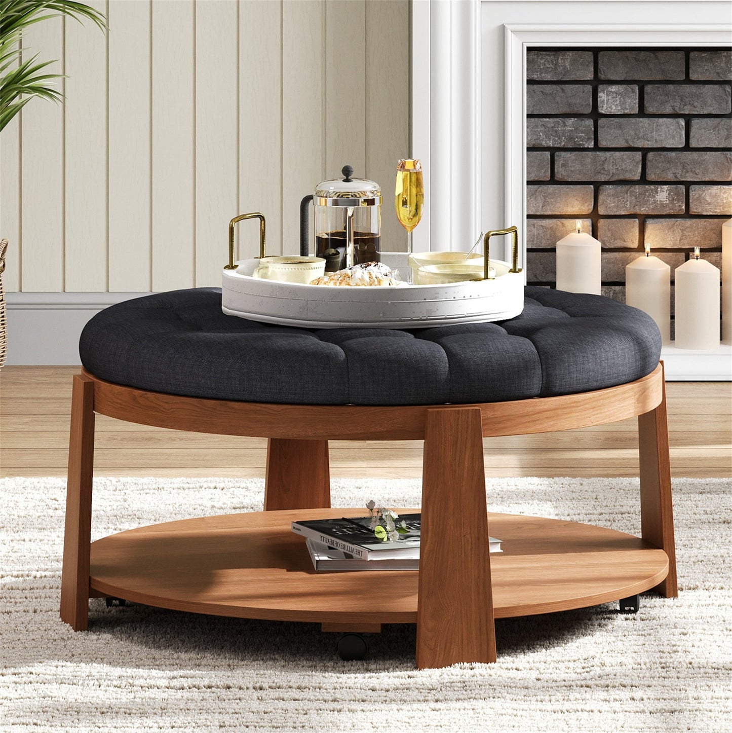 NEW Modern Large Round Ottoman and Coffee Table 2-Tier