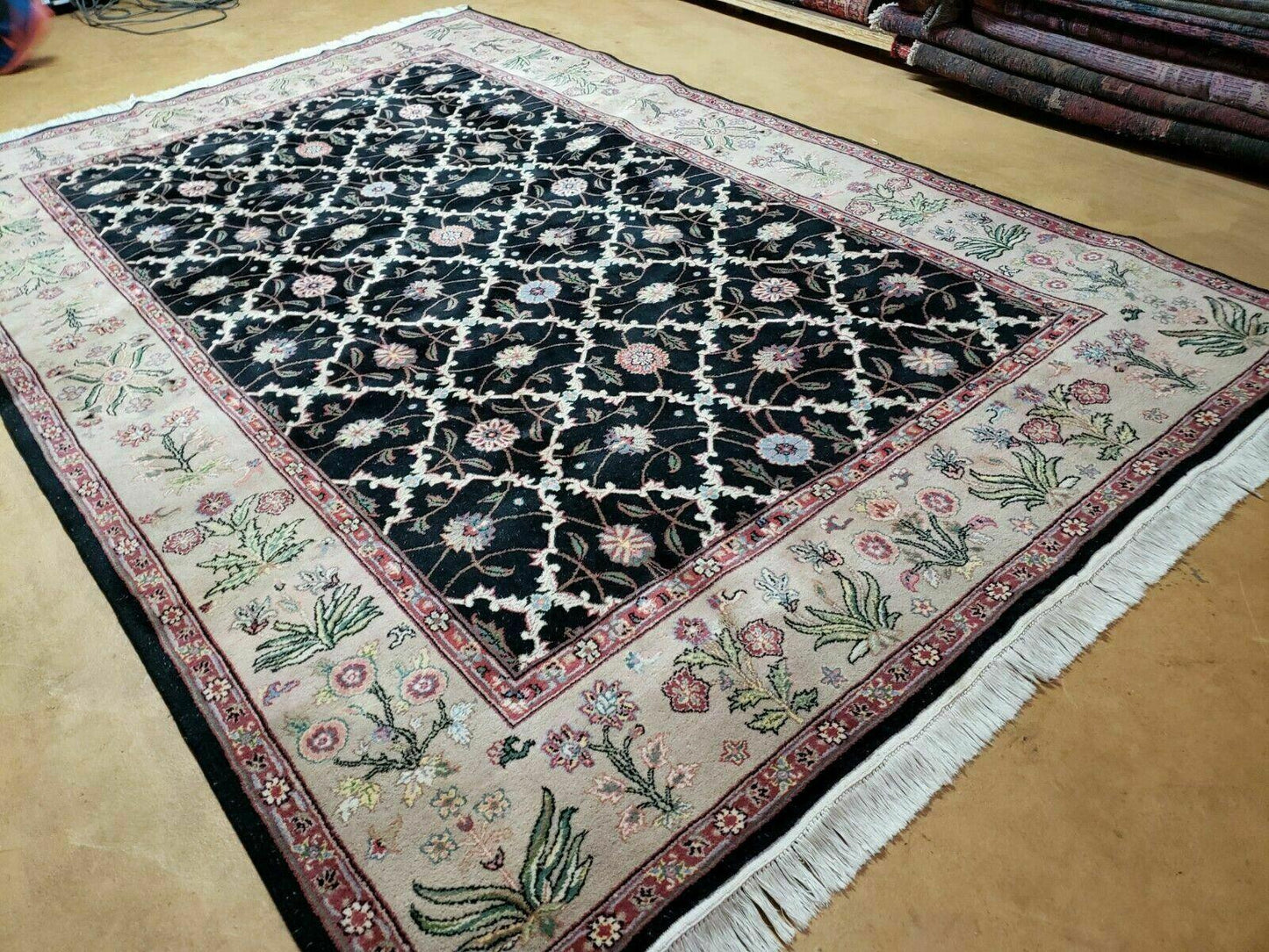 USED 6' X 9' Handmade India Floral Oriental Wool Rug Carpet Hand Knotted Nice Black