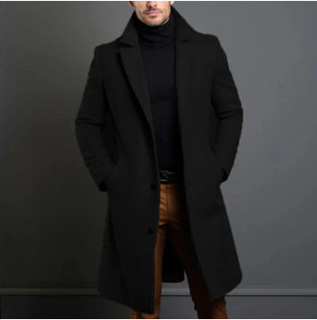 New Winter Lapel Trench Coat Fashion Pocket Single Breasted Jacket Outerwear Casual Solid Color Men's Clothing