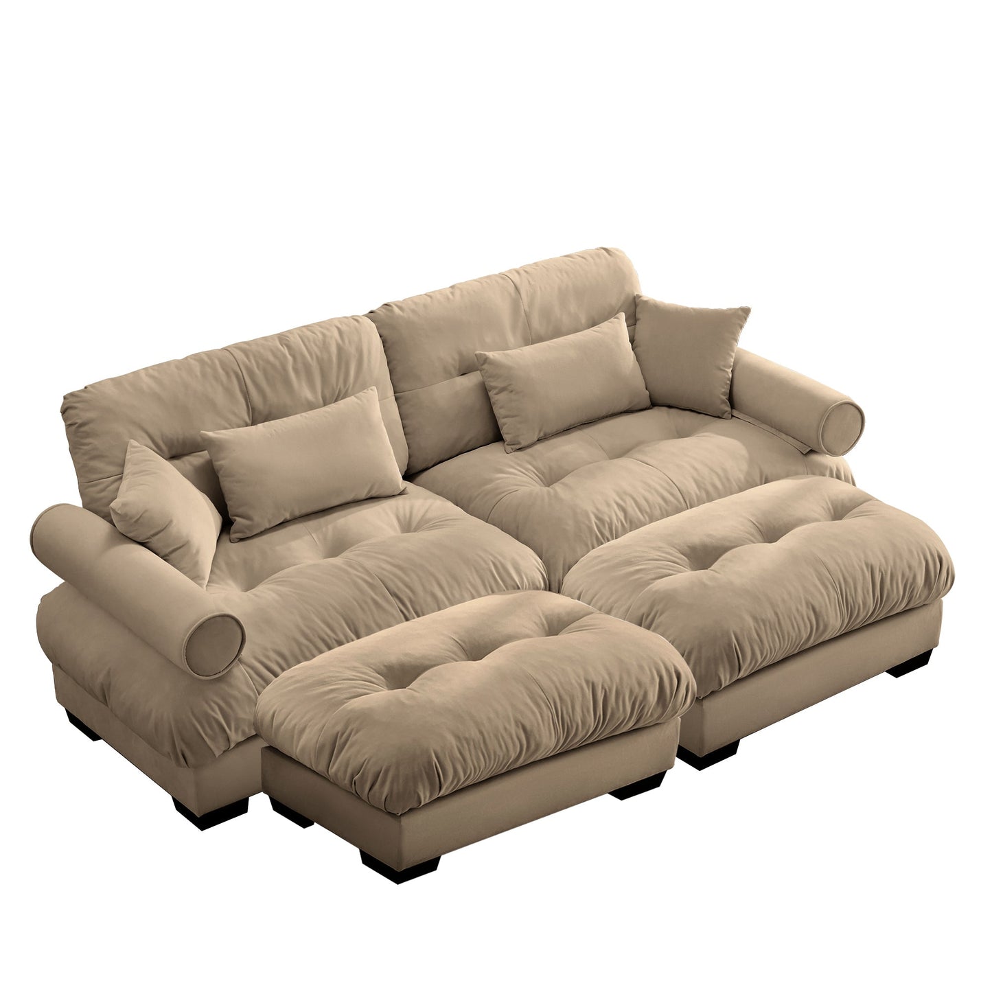 NEW Modern Camel Velvet Two-Seater Sofa with Ottoman
