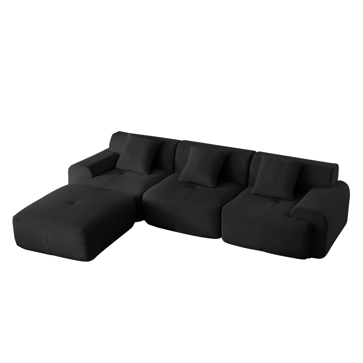 NEW Modern L-Shaped Modular Sectional Sofa in Black Corduroy 113' Oversized 3-Seater Couch with Deep Seat and Movable Ottoman