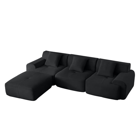 NEW Modern L-Shaped Modular Sectional Sofa in Black Corduroy 113' Oversized 3-Seater Couch with Deep Seat and Movable Ottoman