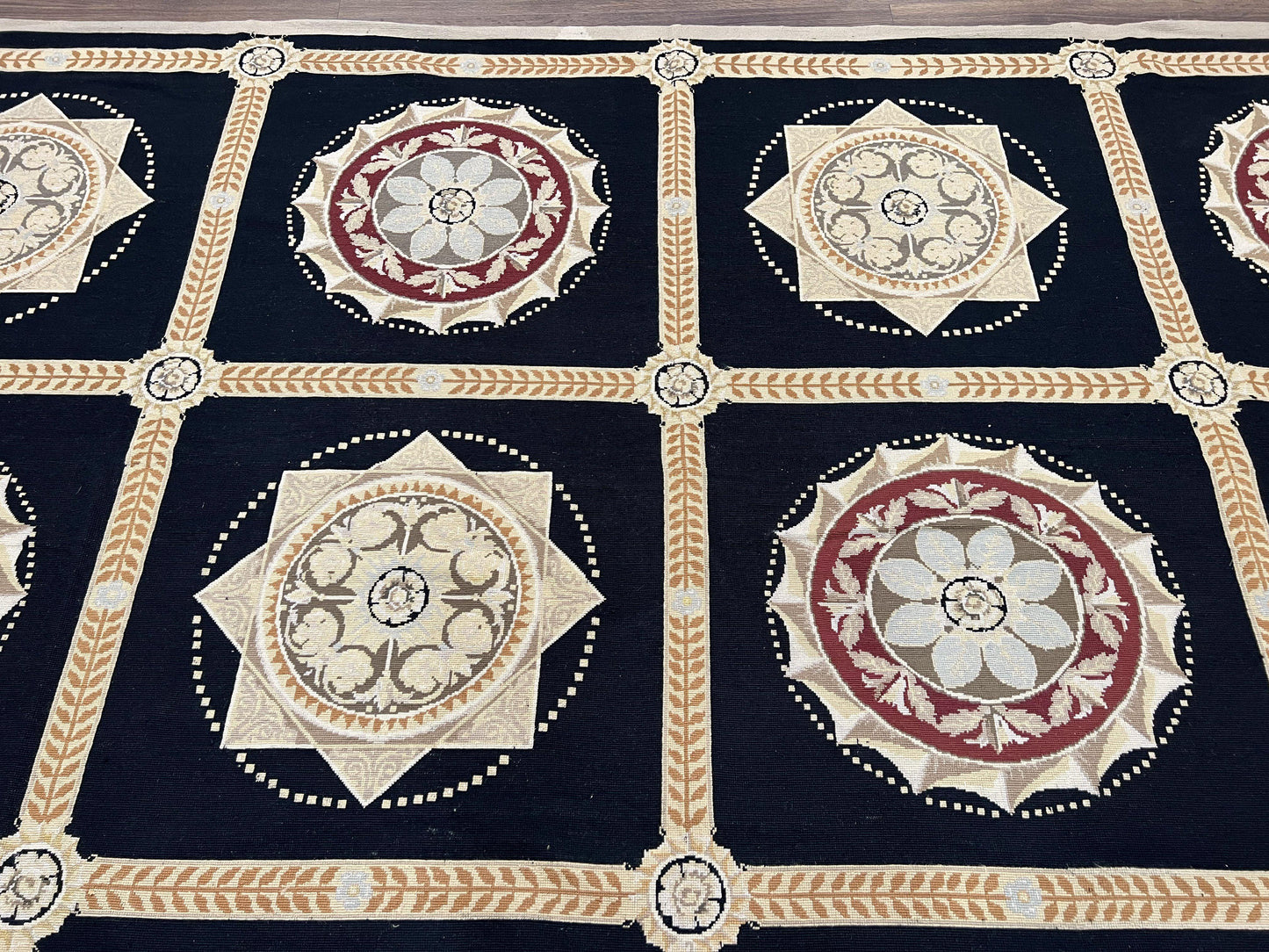 USED Large Needlepoint Rug 10x13, Panel Design, Black and Beige, Wool Needlepoint Carpet 10 x 13, English Garden, Handwoven Area Rug, Living Room