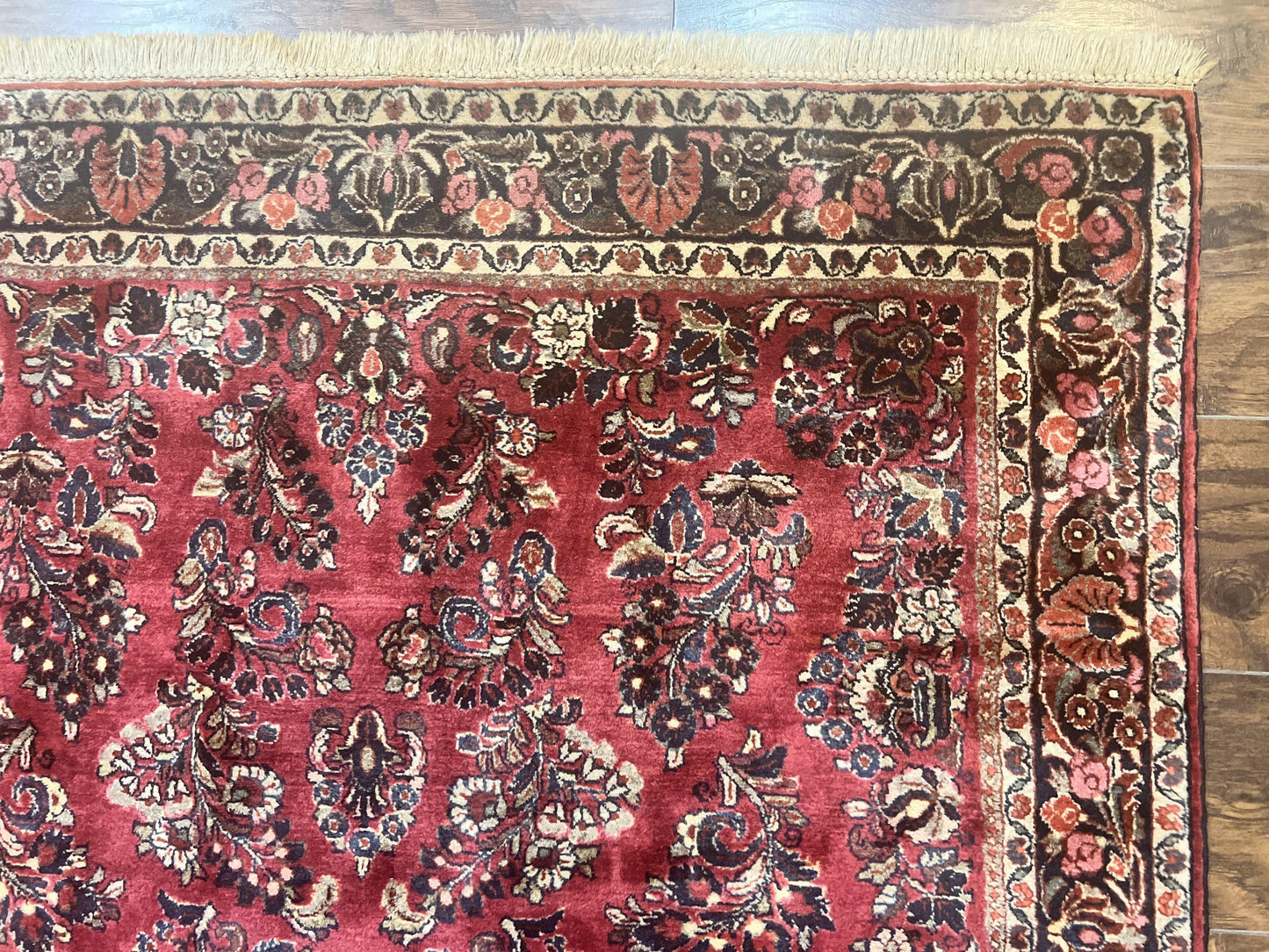 USED Antique Persian Sarouk Rug 4x7, Hand Knotted Wool Red Persian Carpet, Floral