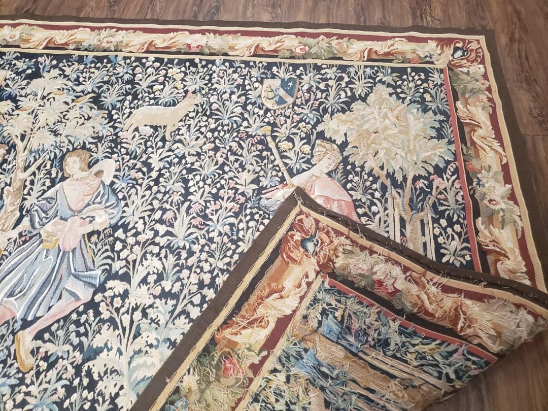 USED Vintage European Tapestry 5.4 x 7.11, Antique Style European Wall Hanging, Aubusson Weave Handmade Tapestry, Courtship Dating Scene, Animals