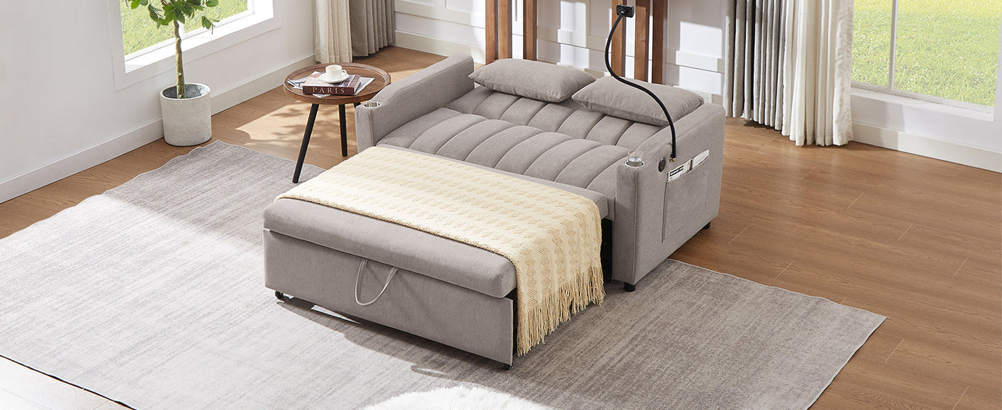 NEW Convertible Sofa Bed Loveseat with USB Ports, Side Pockets, Cup Holders & Swivel Phone Holder, Light Grey Bella Fabric
