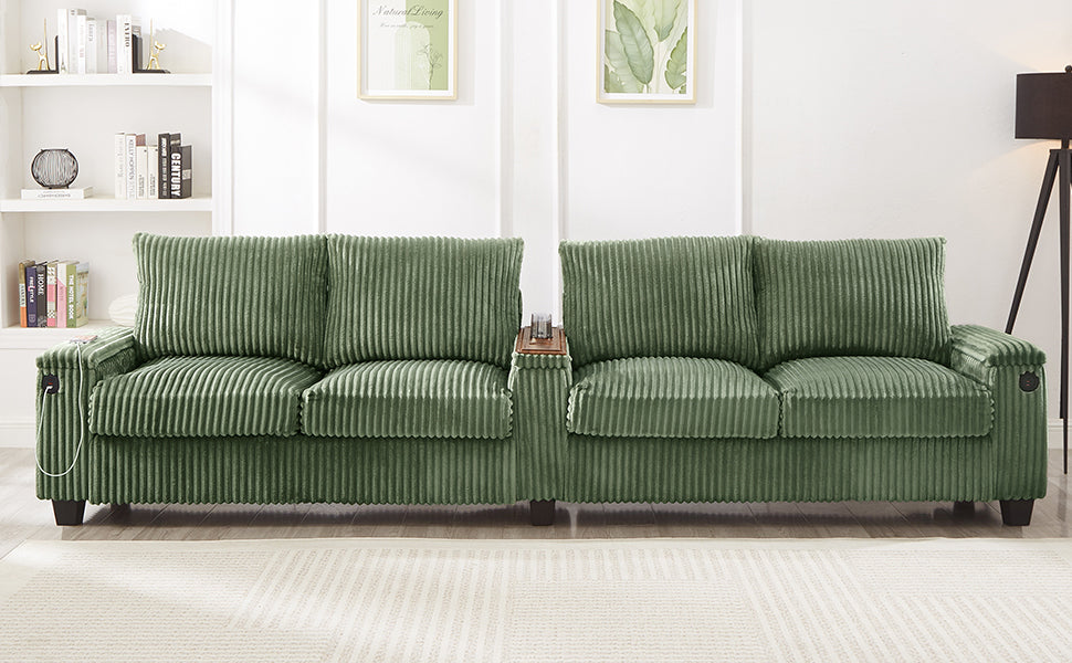 NEW Modern 4-Seater Green Corduroy Sofa with USB Ports Hidden Storage Arms and Flip-Top Cup Holders