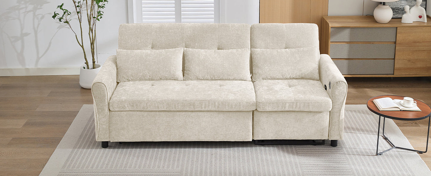 NEW Beige 82' Chenille Upholstered Two-in-One  Three-Seat Sofa with Pull-out Bed
